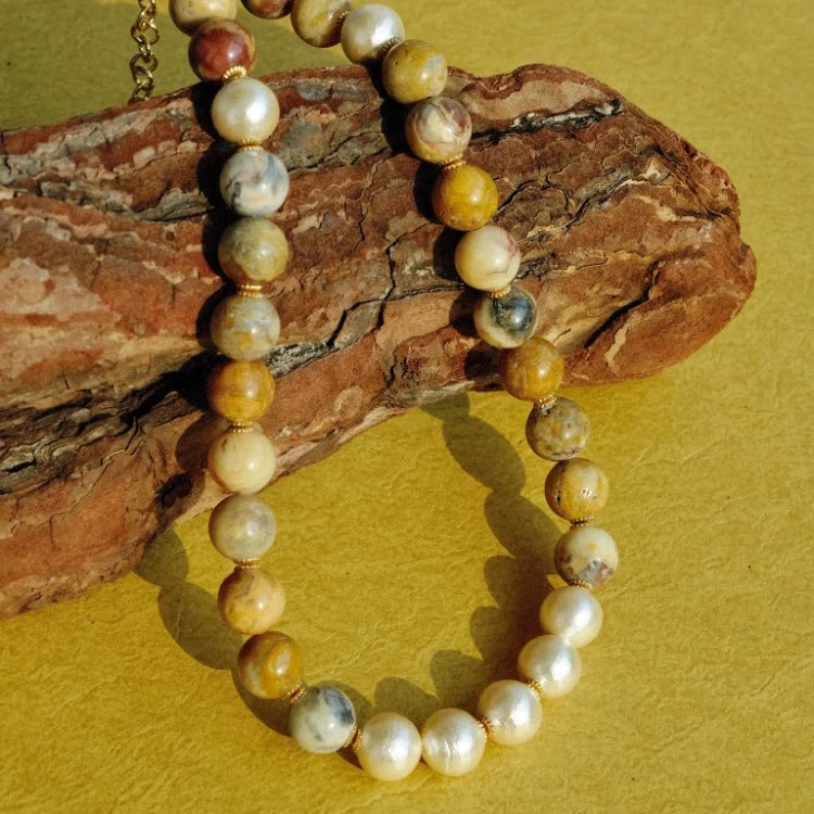 "Matera Stone City" retro design crazy agate cotton pearl necklace earth color autumn and winter style adjustable