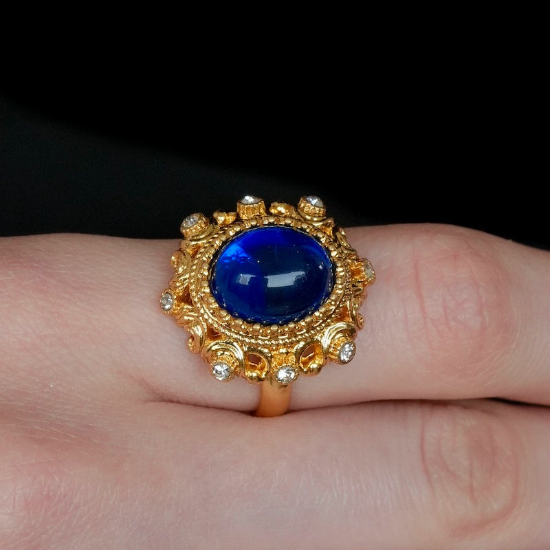 "Josephine" vintage blue glass ring, palace style relief gold-plated opening adjustable