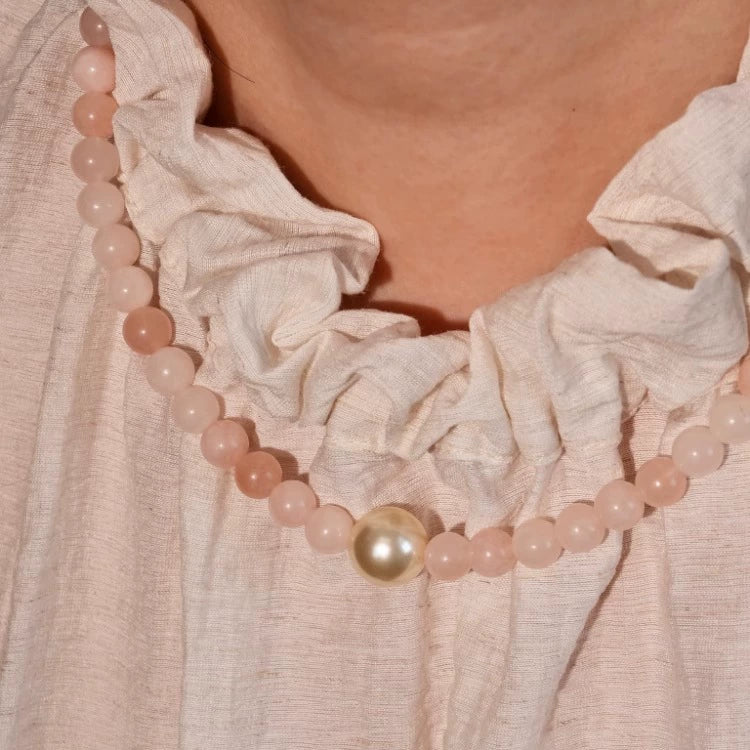 "White Peach Jasmine" original handmade natural pink crystal glass pearl necklace peach stone gift new Chinese style