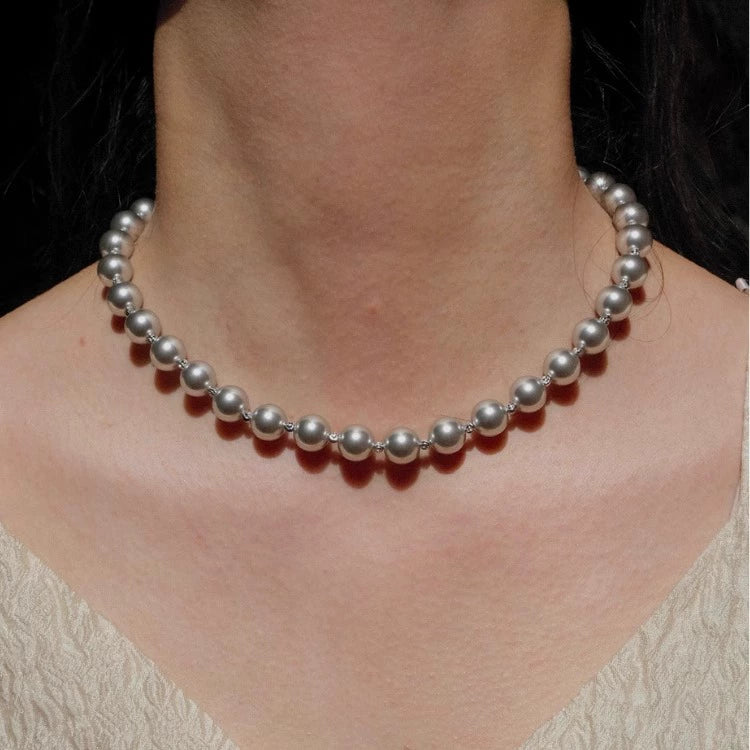 "Silver Light" French medieval style, hemp gray color, glass pearl necklace, silver beads, small interval, adjustable