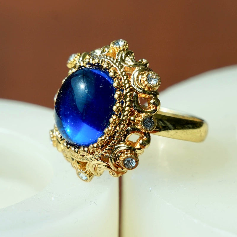 "Josephine" vintage blue glass ring, palace style relief gold-plated opening adjustable