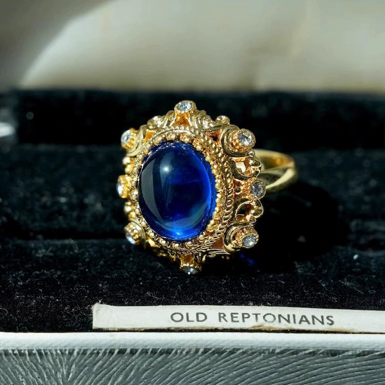 "Josephine" vintage blue glass ring, palace style relief gold-plated opening adjustable