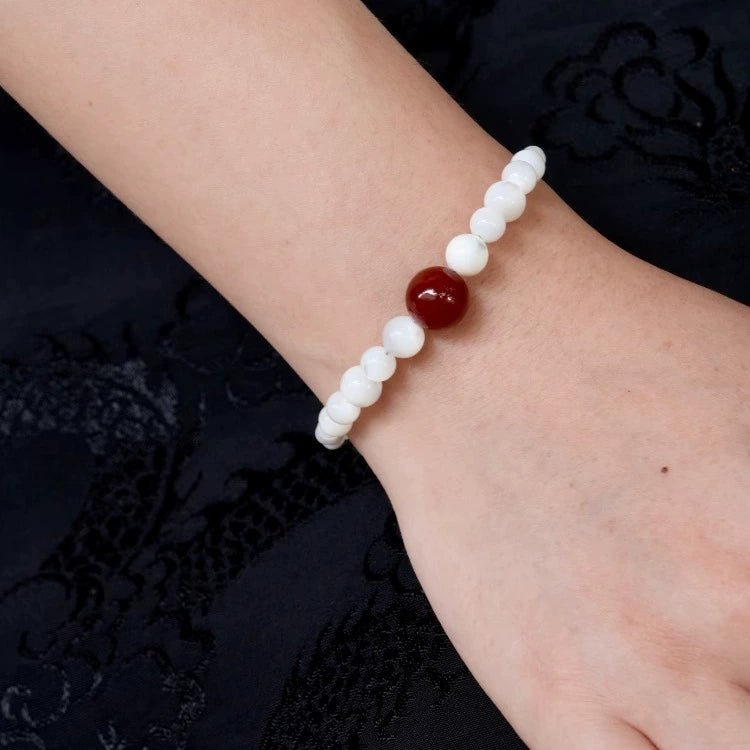 "Xia Yulu" New Chinese Red Agate Jade Shell Bead Bracelet Necklace National Style Zen Oriental Ancient Charm Set