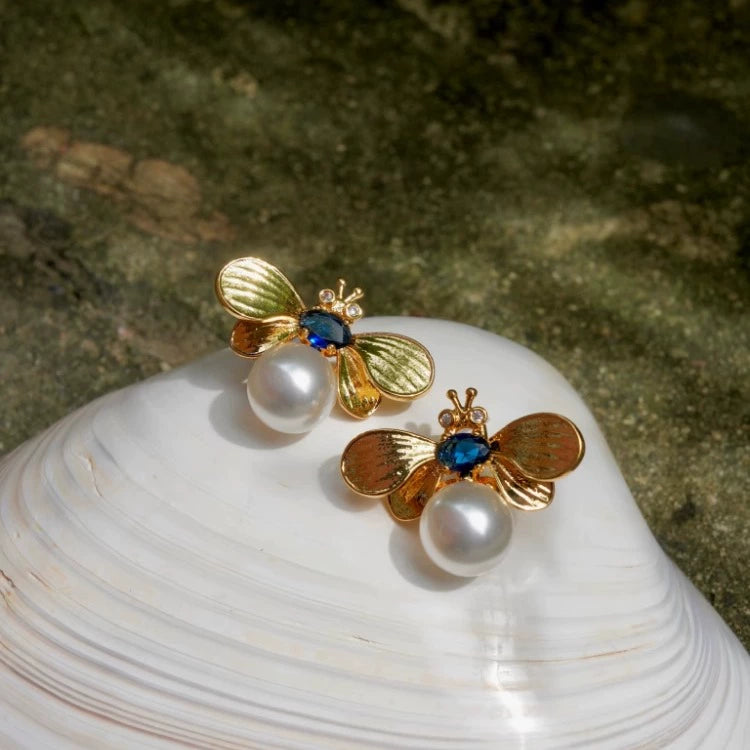 Light jewelry line "Melicius" bee pearl earrings sapphire spring and summer light luxury all-match non-pierced ear clips