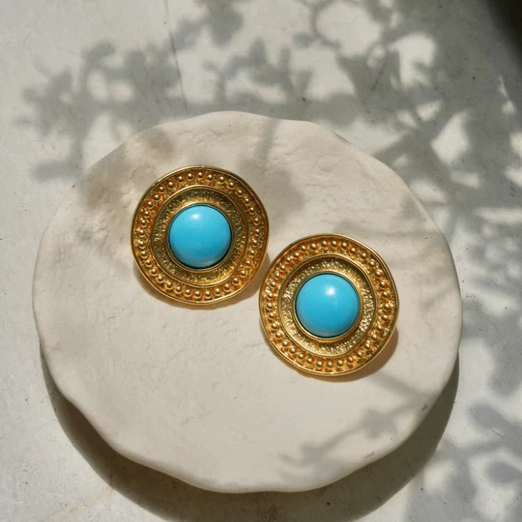 "Source of Civilization" Medieval design turquoise irregular round earrings fog gold high-end exotic style earrings