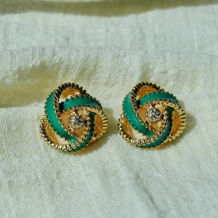 "Green Ivy" vintage retro French earrings three-dimensional winding design hand-made enamel micro-inlaid niche ear clip